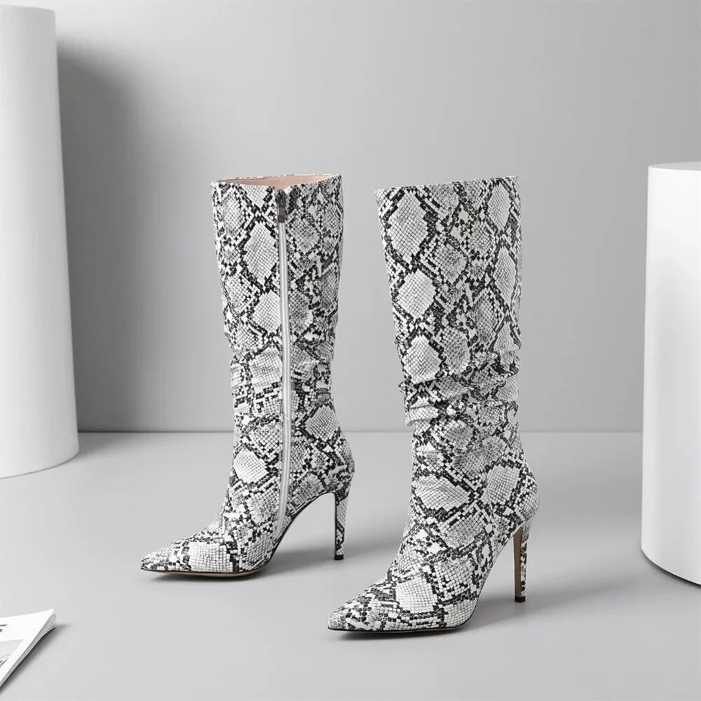 Women Snakeskin PU Knee High Exquisite Pointed Toe Fine High Heels Pleated Boots